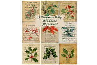 9 Vintage Holly Ephemera Cards Illustrations